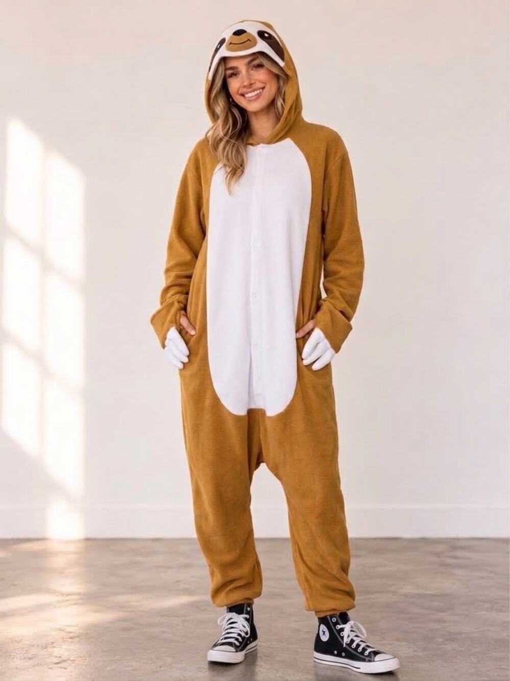 Adult Sloth Costume Onesie, Beige w white, size medium, NewCosplay Brand